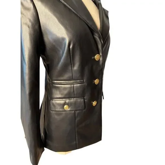 7 For All Mankind Faux Leather Black Blazer Women's Medium Gold Buttons - Picture 8 of 8
